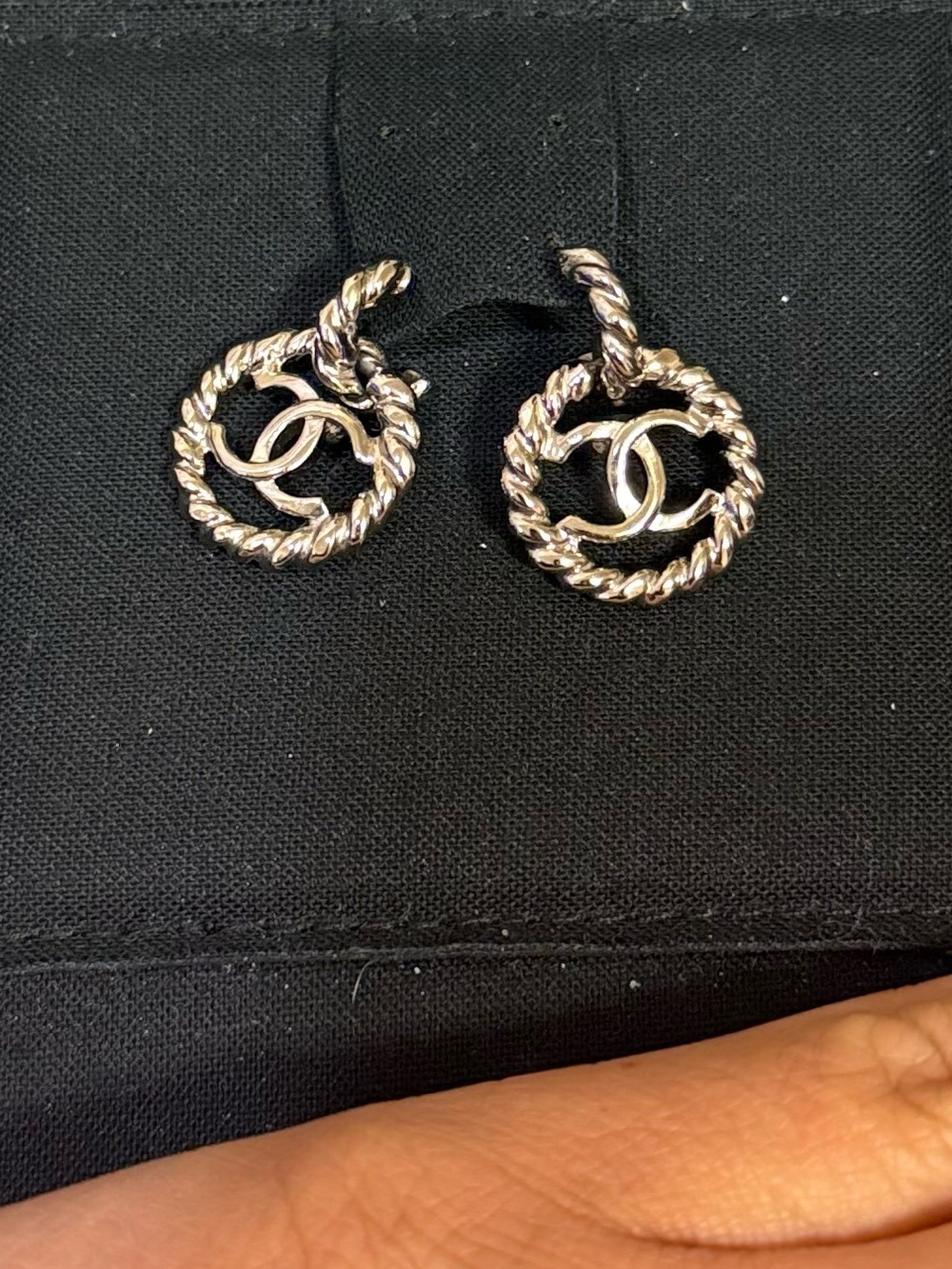 CHANEL Silver Rope CC Circle Drop Earrings